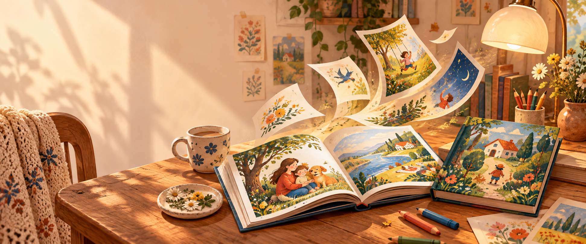 Відкрита ілюстрована книга та сторінки, що народжуються у книжковій майстерні